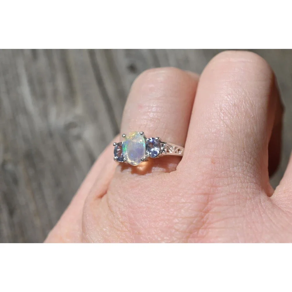 Ethiopian Opal and Tanzanite Ring Sterling Silver Oval Opal , October Birthstone